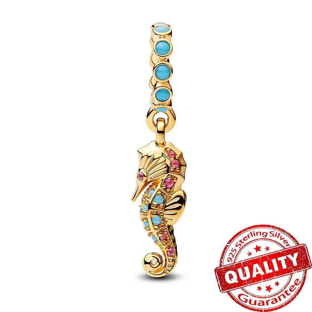 2025 New summer Gorgeous Sterling Silver Stones & Enamel Clip Beads & Seahorse Dangle Charm Fits Bracelet For Women Gold Necklace Pendant