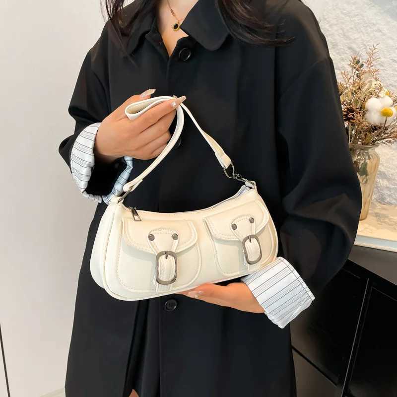 Fashion PU Leather Womens Shoulder Bag Small Double Pocket Design Ladies Underarm Bags Y2K Vintage Female Handbags Clutch Purse Z250813