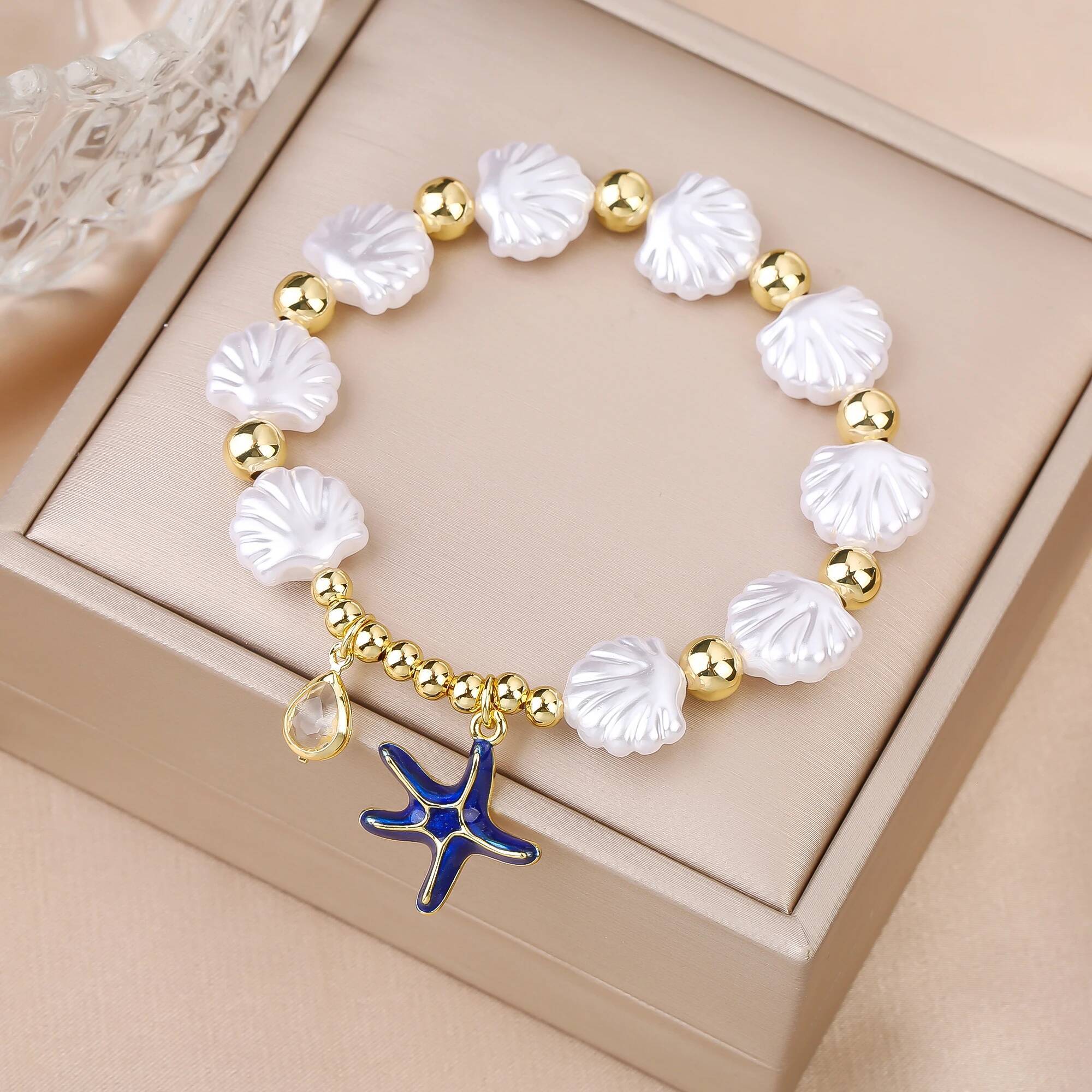 4 Color Metal Enamel Art Starfish White Shell Chain Gold Plated Bracelet for Woman Female Daily Party Jewelry