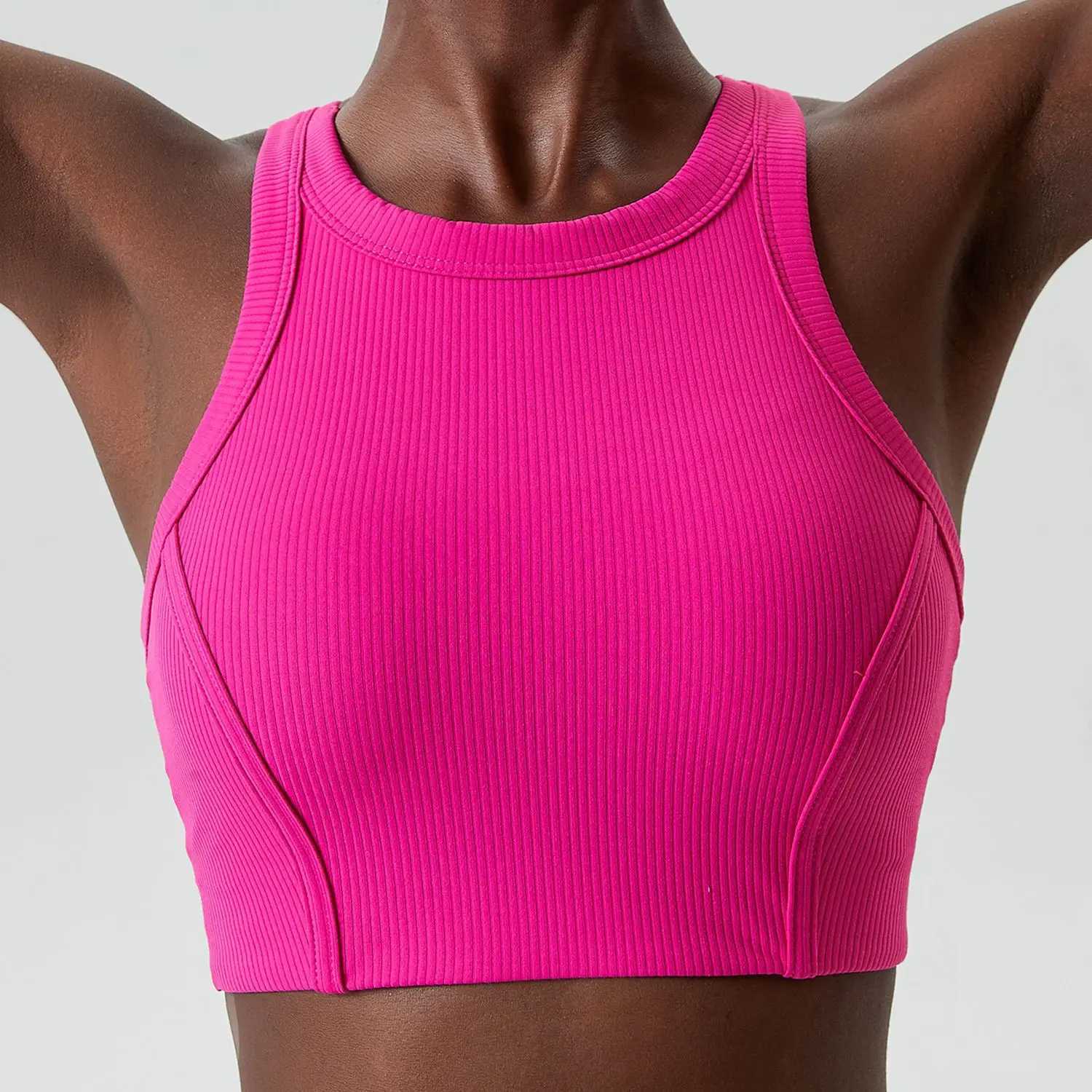 High Impact Fitness Bra Super Stretch Round Neck Gym Crop Top Ribbed Fabric Sleeveless Running Vest Female Sportswear Z250812