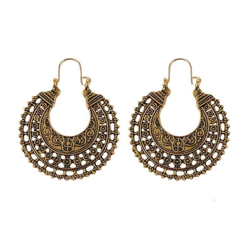 Bohemian Ethnic Style Hollow Carved Earrings Half Circle Trendy Alloy Pattern Ear Clips