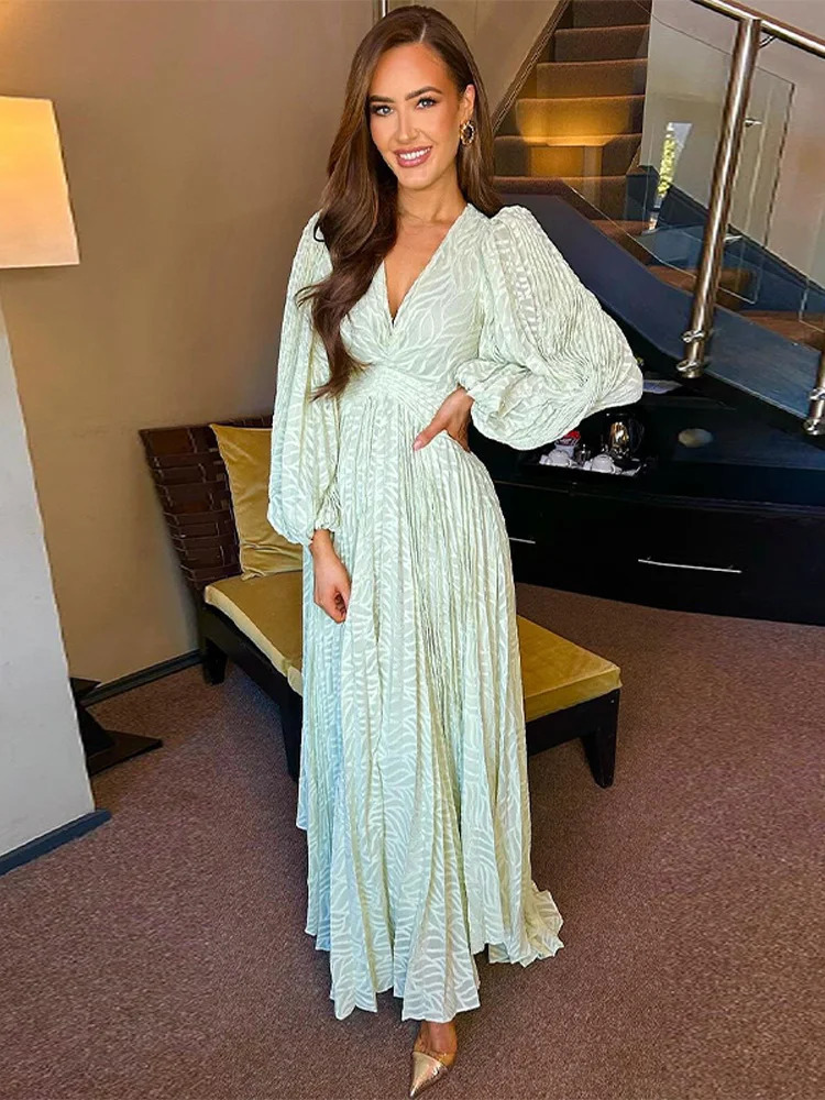 Elegant Pleated Long Dress Women V-neck Bubble Sleeve Backless Lace Up Slim Waist Dresses Autumn Lady Holiday Party Robe 250805