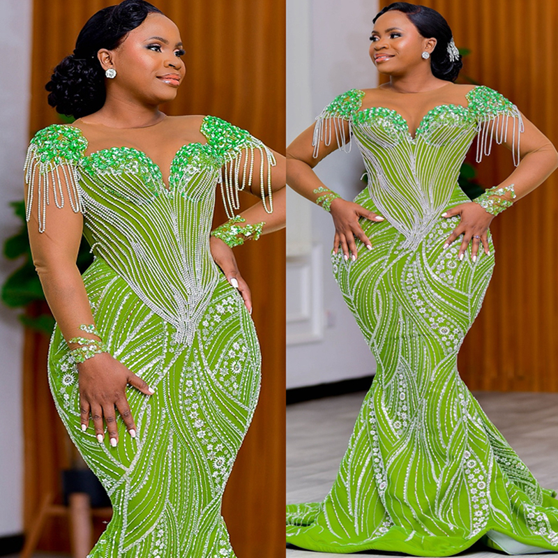 2025 Plus Size Green Prom Dress Evening Dresses For Black Women Sheer Neck Long Sleeves Beaded Lace Tassel Elegant Birthday Dress Second Reception Gow
