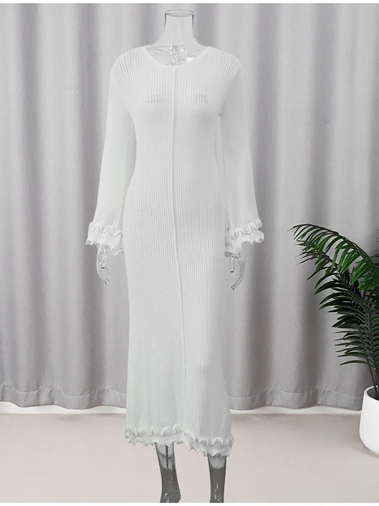 JULISSA MO Knitted Round Neck Ruffles Women Maxi Dress Long Sleeve High Waist Dress Female Autumn Skinny Elegant Party Clubwear 250805