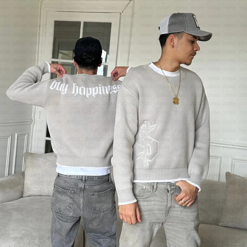 Aesthetics Letters Jacquard O-Neck Long Sleeved Knitwear Autumn Winter Lovers Flocking Loose Warm Oversized Sweater 250805