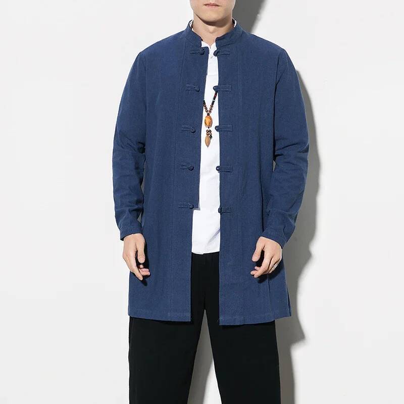 Men's Chinese Style Long Tang Suit Tops Cotton Linen Solid Color Kung Fu Shirts Men Traditional Hanfu Shirt Plus Size 5XL ddmymarket