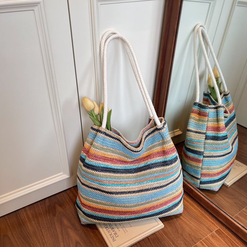 Women's Trendy Rainbow Woven New Versatile Casual Large Capacity Straw Vacation Tote Bag