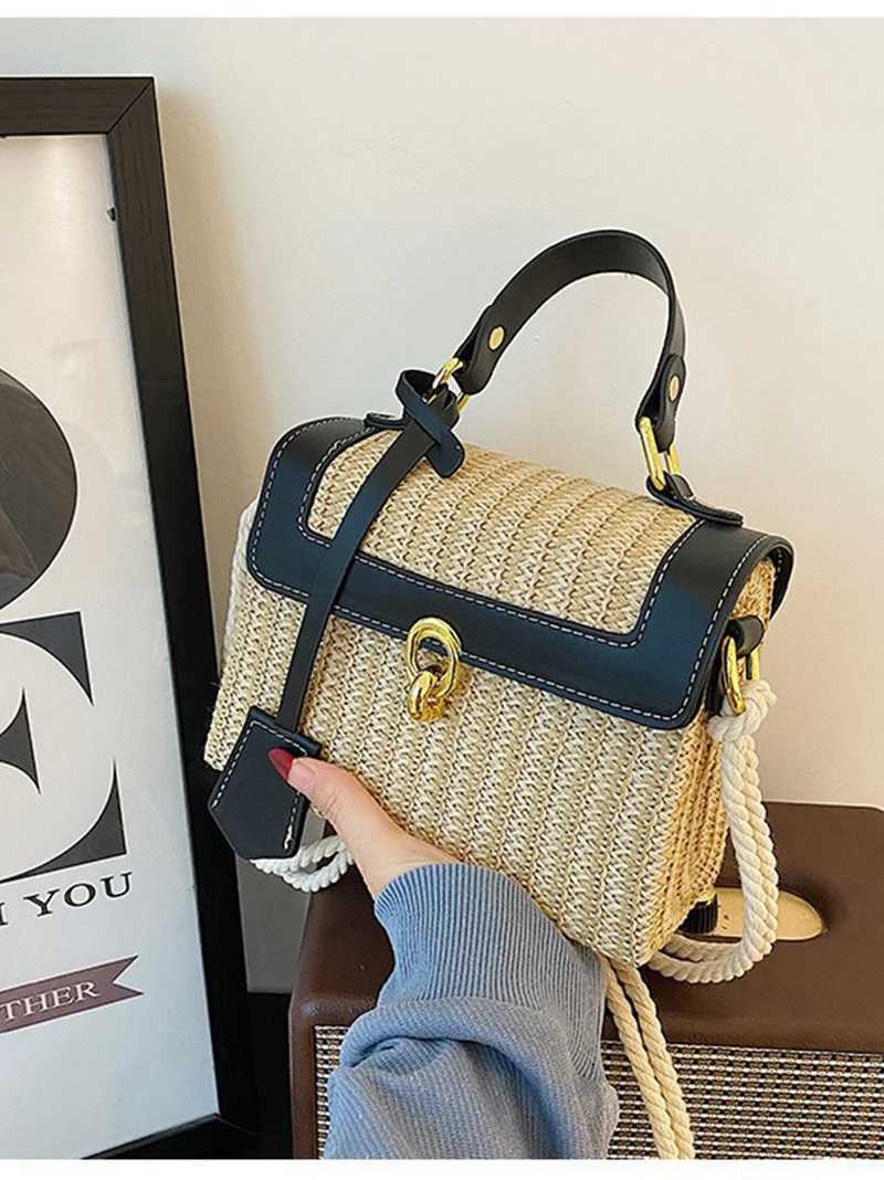 2025 Spring Summer New Style Color Contrasting PU Splicing Texture Crossbody Straw Weaving Handheld Small Square Bag Z250812