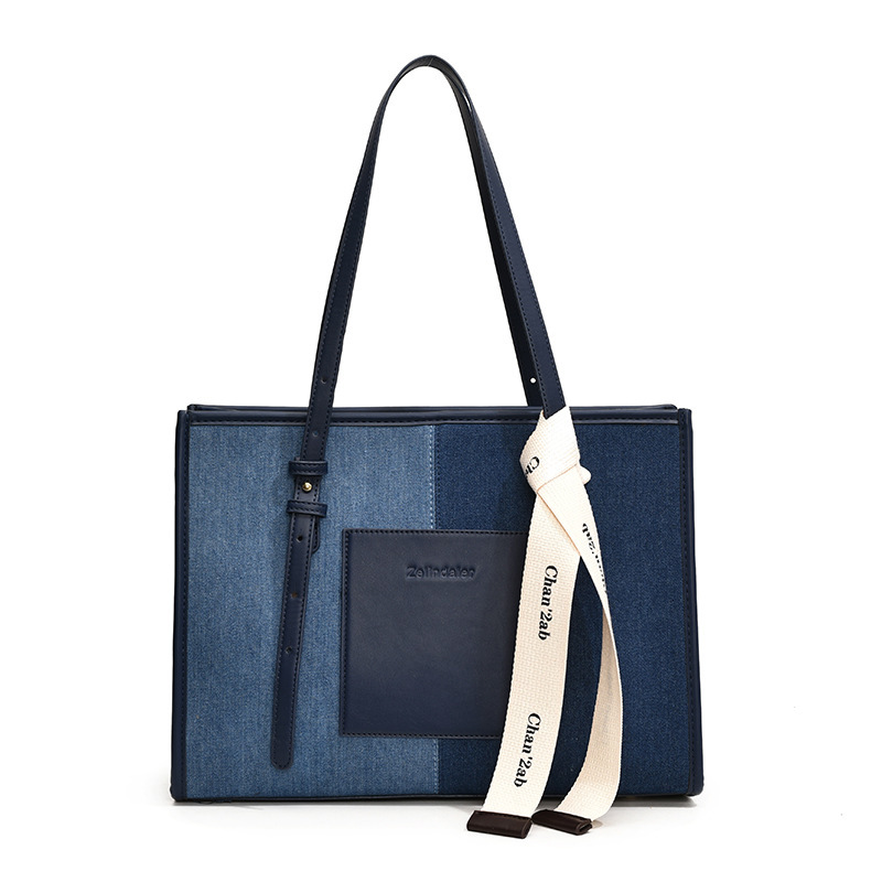 Spliced Denim for Women Underarm New Versatile Shoulder High-end Commuter Tote Bag