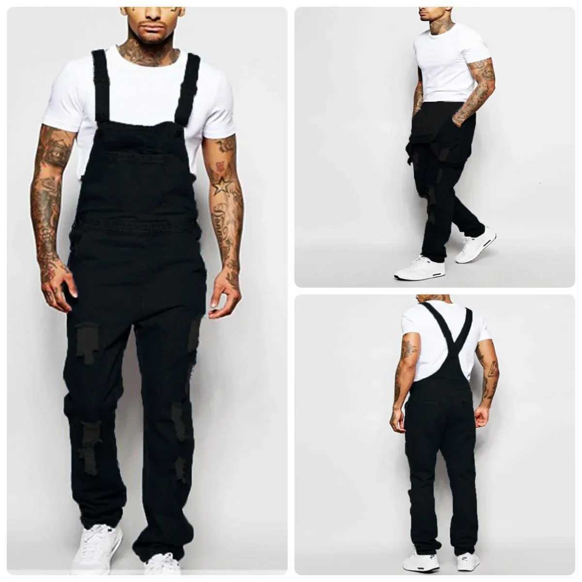 Men Jeans Overalls Ankle Length Denim One Piece Pencil Pants Mid Waist Slim Fit Pockets Safari Jumpsuits Solid Washing Cargo X250812