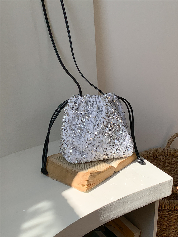 2025 New Women's Handheld Bucket Bag, High end Drawstring Fold Shoulder Crossbody Bag, Designer Color Glitter Bag