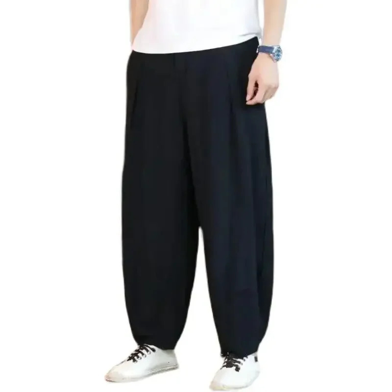 Highwaisted Casual Cotton Linen Trousers Solid Color Wideleg Harem Pants For Men Chinese Style Bloomers Summer Wear 250729