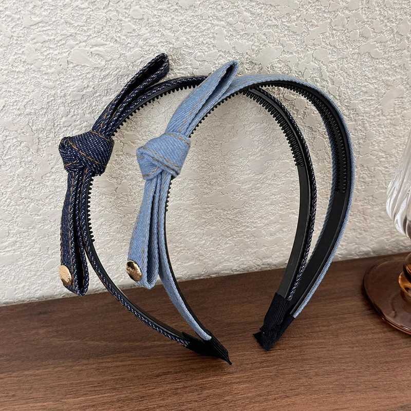 Elegant Denim Blue Bow Hairband with Tooth Retro Band for Women Girls Hair Bands Hair Accessories X250812