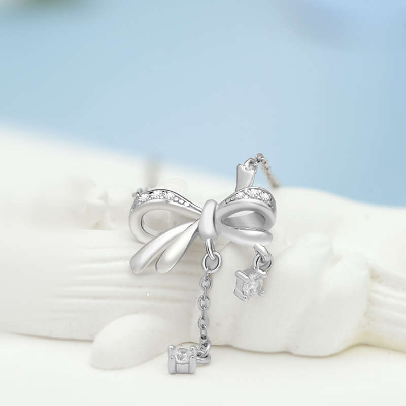 Butterfly Pendant Necklace for Women - 925 Sterling Silver Zircon Drop Choker, Dainty Bow Collarbone Chain