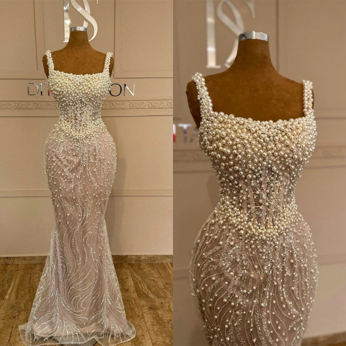 Exquisite Pearls Mermaid Wedding Dresses Square Neck Sleeveless Sequins Bride Dress Illusion Sweep Train Bridal Dress Customized