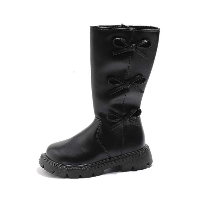 Girls Black Fashion Boots 2025 Autumn Winter Warm Kids Sweet Bow Knee-high Boots Simple Children Soft PU Leather Shoes for Girls XJ250812