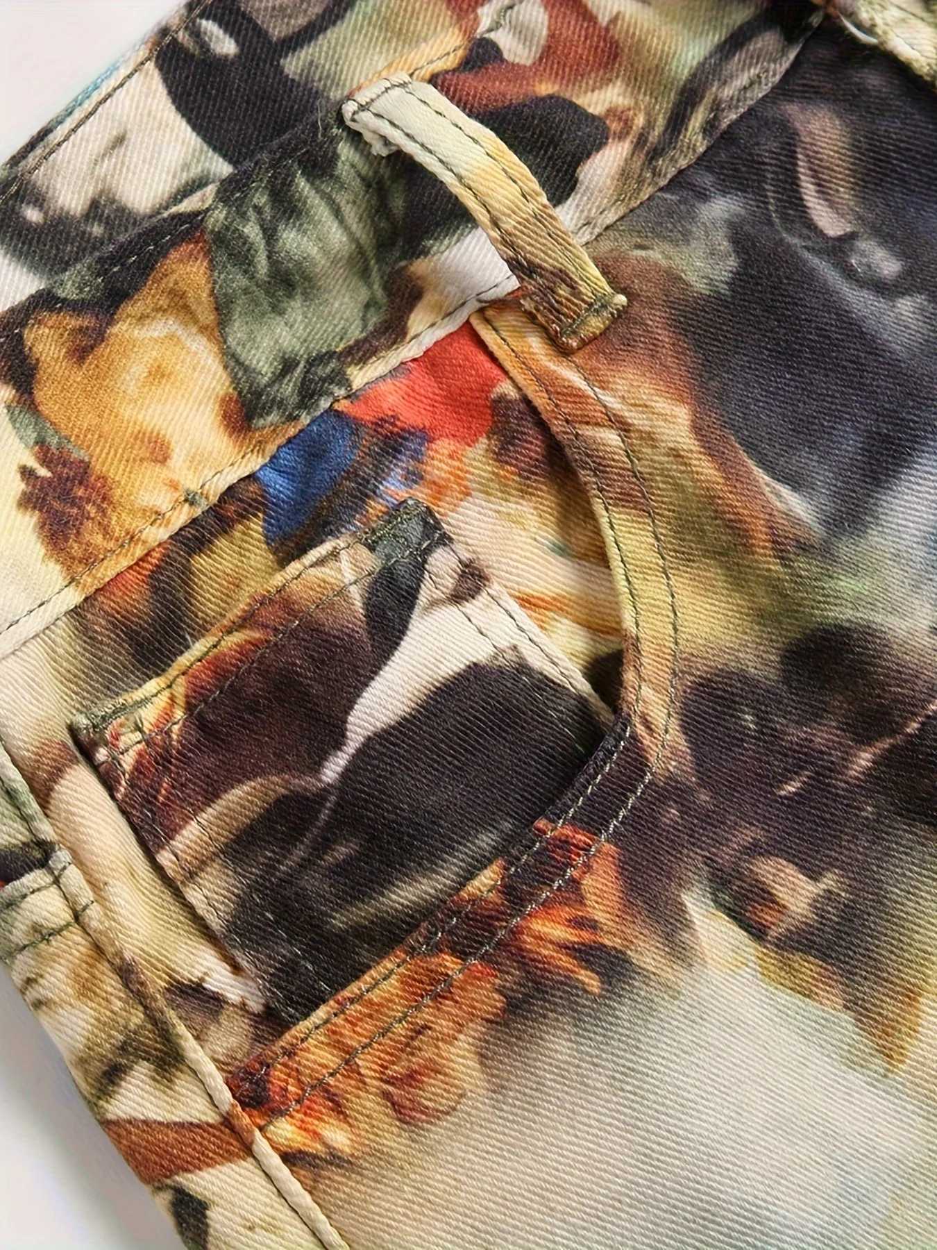 Mens Creative Oil Painting Printed Jeans European Retro Denim Straight Leg Pants X250812