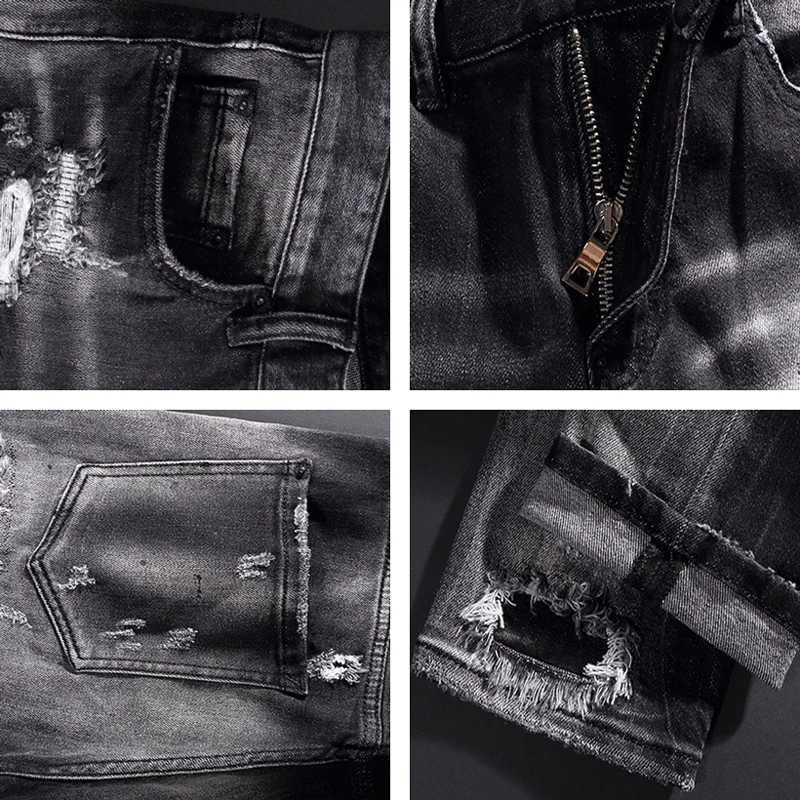 2023 Fashion New Black Gray Mens Jeans Scratch Painting Washed Water Nostalgic Stretch Slim Fit Jeans High Street Hip Hop B X250812