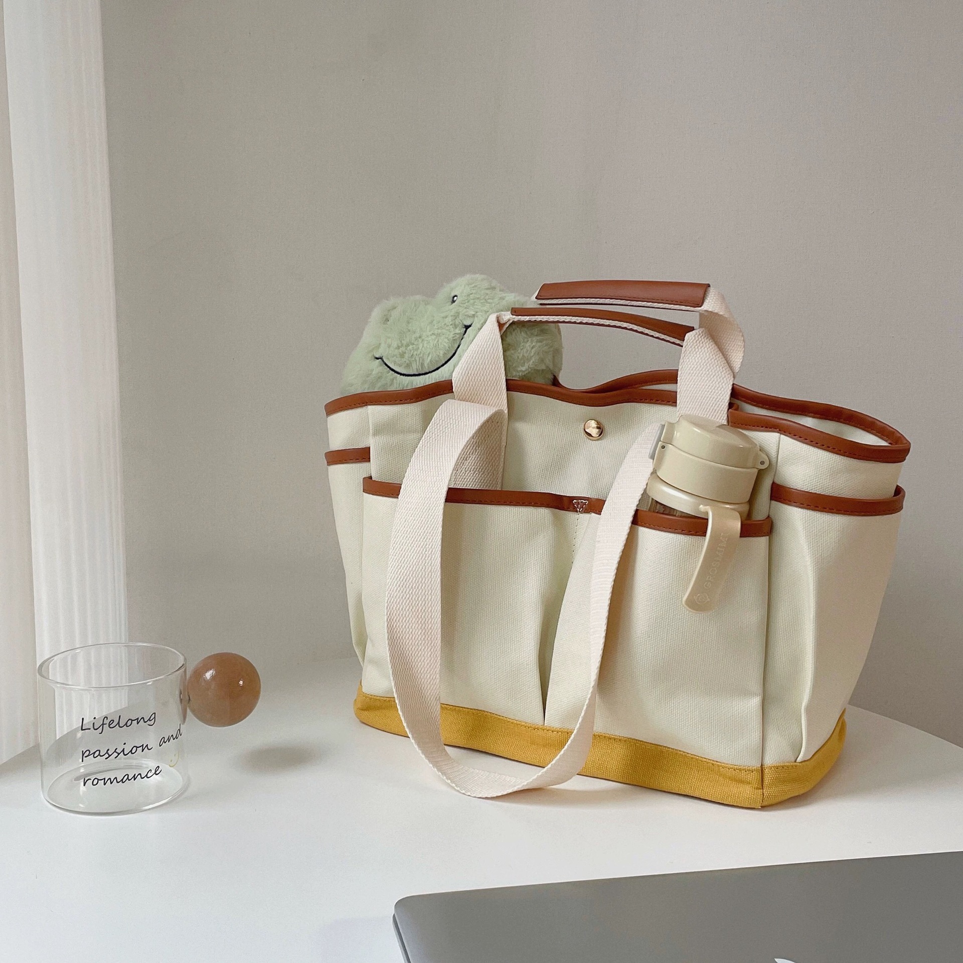 New Korean Style Fashion Color-Block Canvas Tote Travel Business Trip Large Capacity Mommy Bag for Women