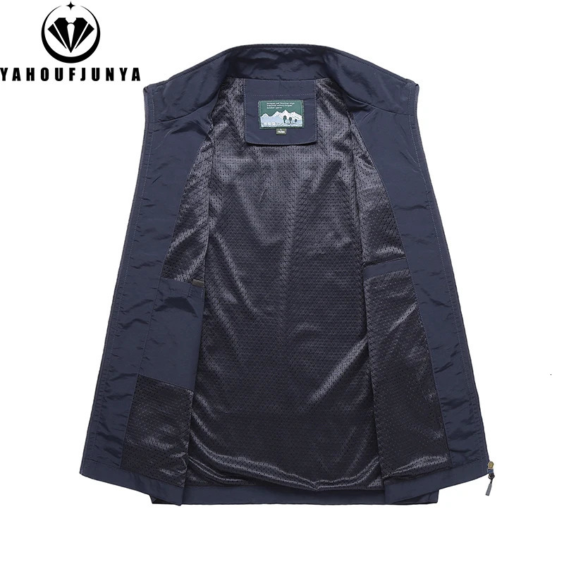 2025 Summer Men Sleeveless Outdoor Leisure Stand Collar Vest Solid Color Breathable Many Pocket Thin Male Waistcoat Top 250805