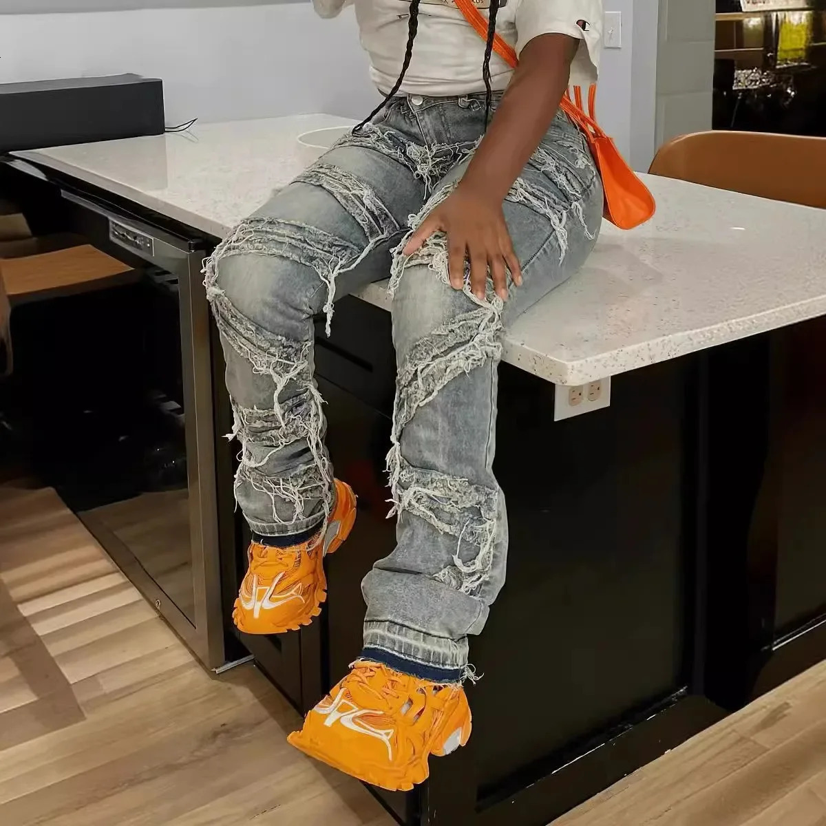 Street of Europe and America Ripped Washed Patchwork Tassel Jeans Ladies Autumn Fashion Leisure Straight Barrel Long Jeans 250811