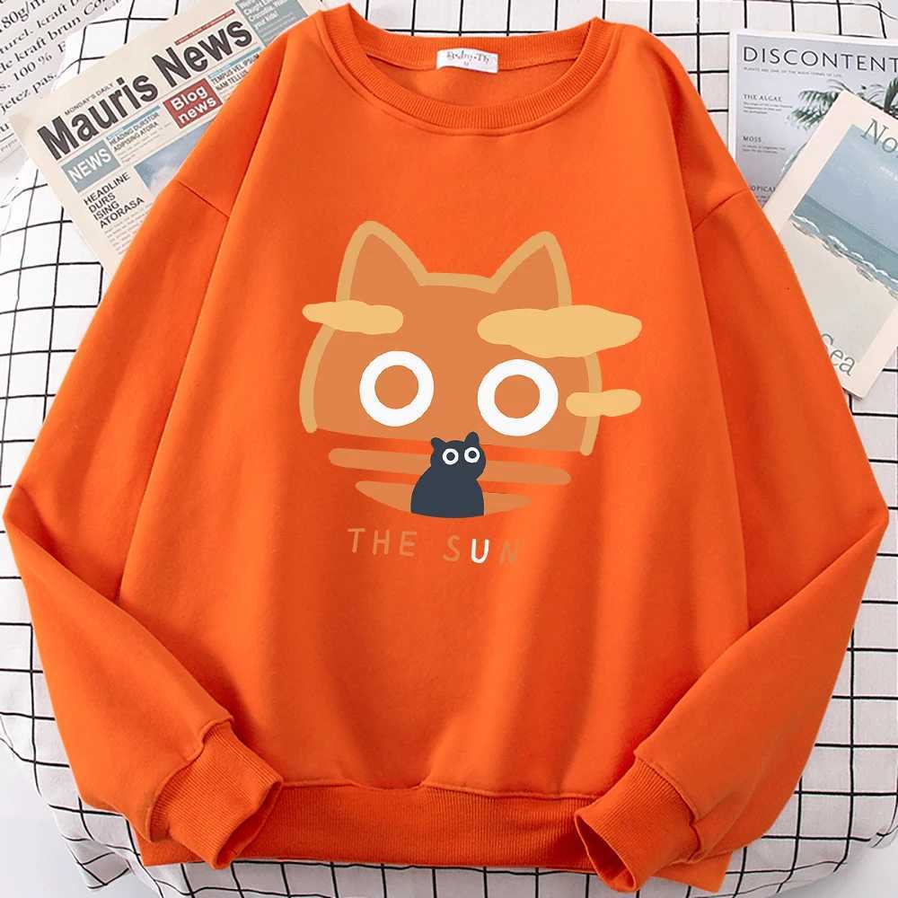 The Sun Orange Cat Fun Cute Print Cartoons Hoody Men Loose Clothing Autumn Winter Fleece Hoodies Loose Comfortable Sweatshirt Y250811