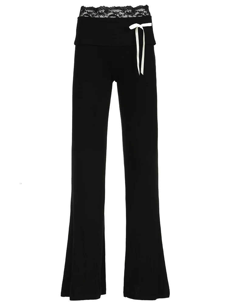 Cuteandpsycho Lace Patchwork Bow Straight Pants Y2K Fashion Aesthetic Cute Trousers Harajuku Streetwear Joggers 2000s Bottoms 250811