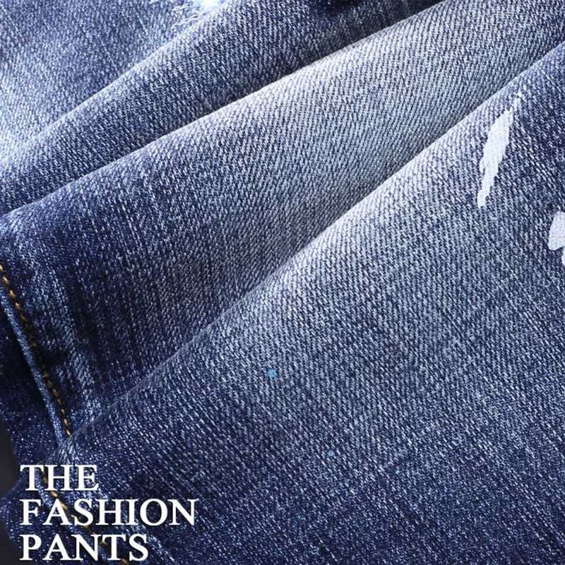 High Street Fashion Men Jeans Retro Blue Stretch Skinny Fit Painted Ripped Jeans Men Vintage Designer Brand Denim Pants Hombre X250812
