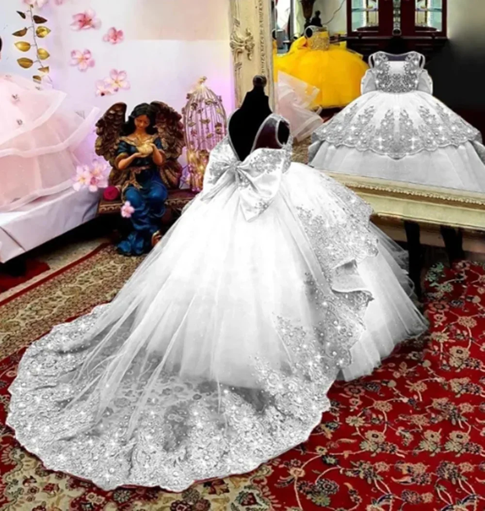 Customized Flower Girl Dress for Wedding Suspenders with Bow Satin Ball Gown Kids Birthday First Communion Party Dress 250811