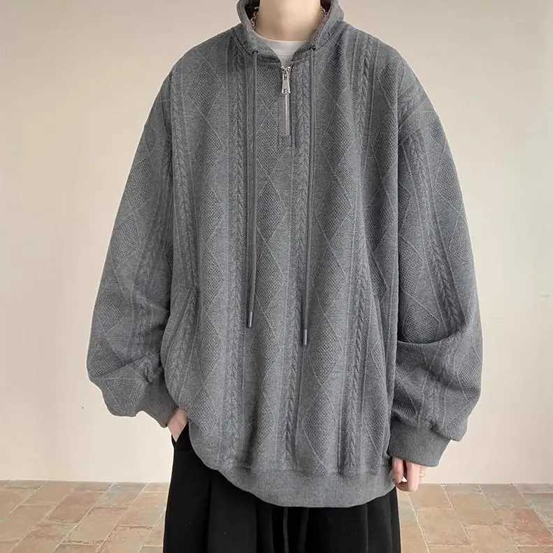 American Retro Zip-Up Collar Jacquard Sweatshirt Mens Winter Plush Oversized Couple Coat Y250811