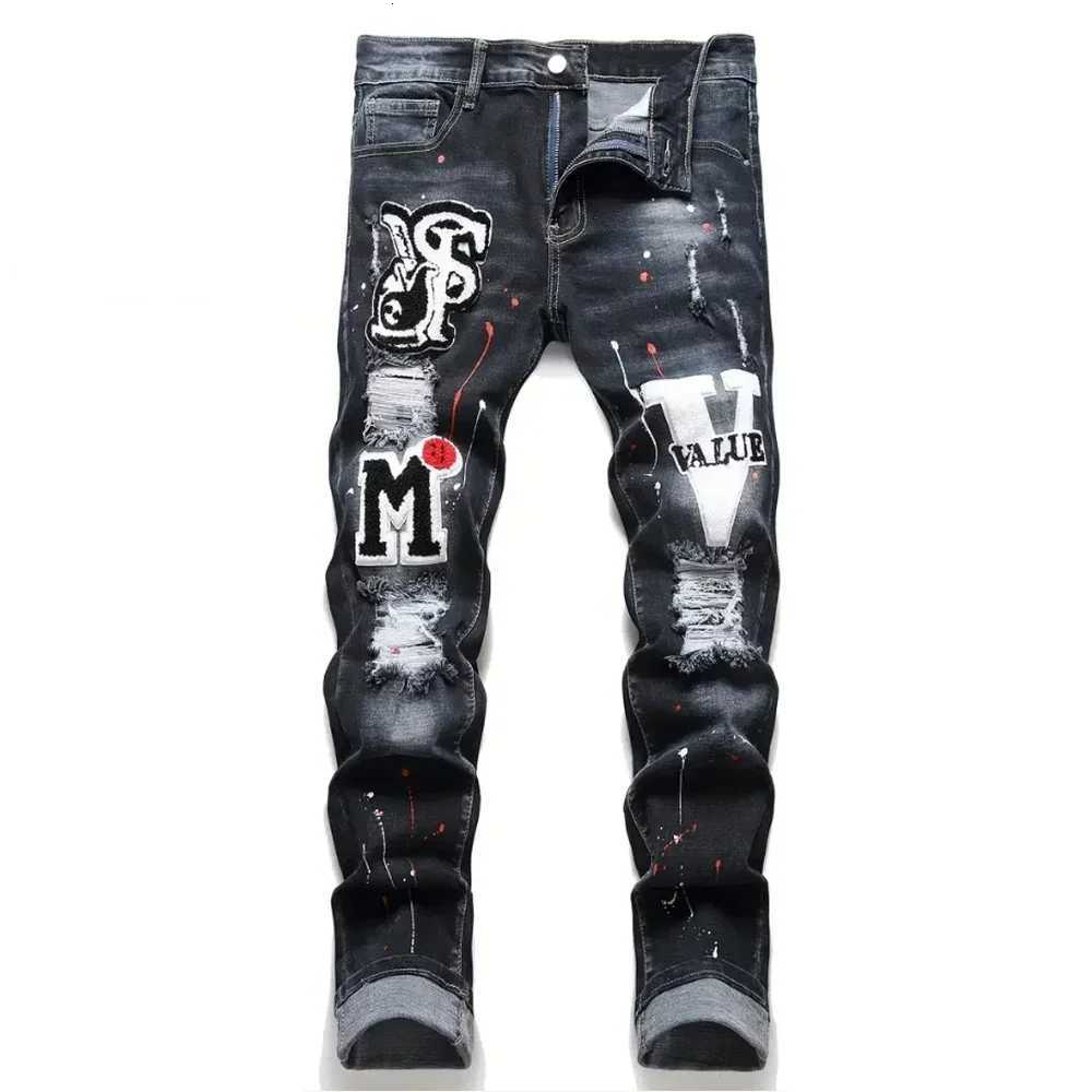 Men Y2K Stretchy Denim Jeans Ripped Skinny Letter Print Elastic Waist Casual Pants for Men Hole Slim Fit Denim Hip Hop Trousers X250812