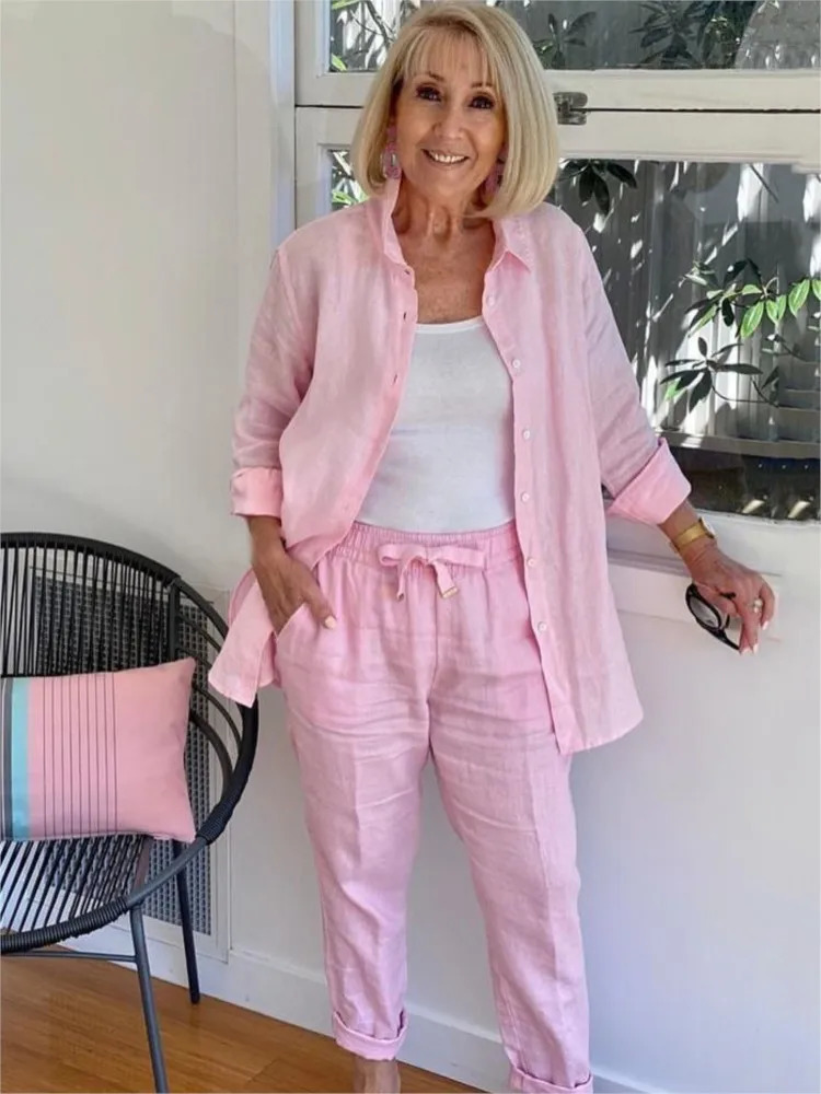 2025 Autumn Spring Casual Suit Women Cotton Linen 2 Piece Set Solid Color Loose Button Shirt Pants Sets Daily Womens Clothing 250811