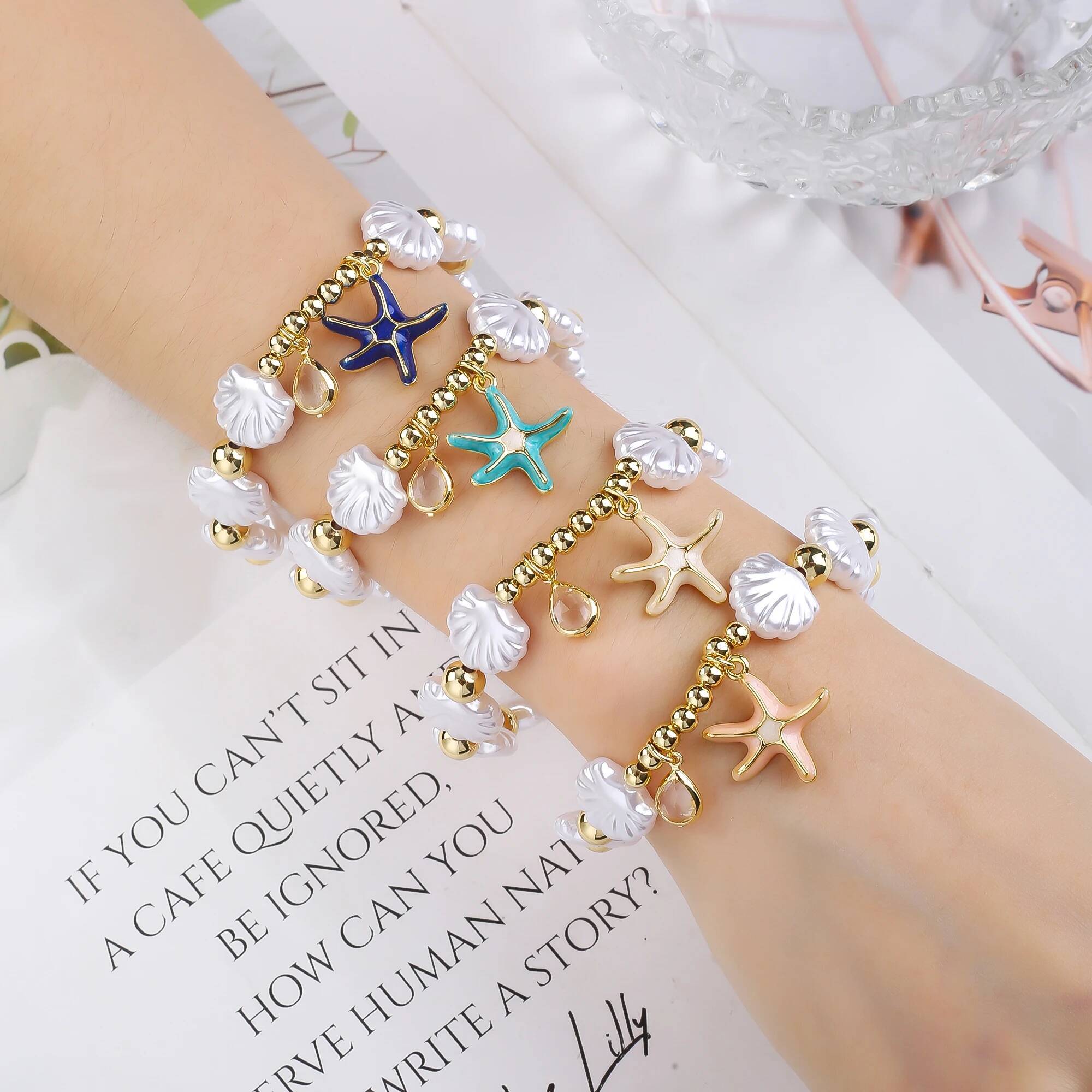 4 Color Metal Enamel Art Starfish White Shell Chain Gold Plated Bracelet for Woman Female Daily Party Jewelry