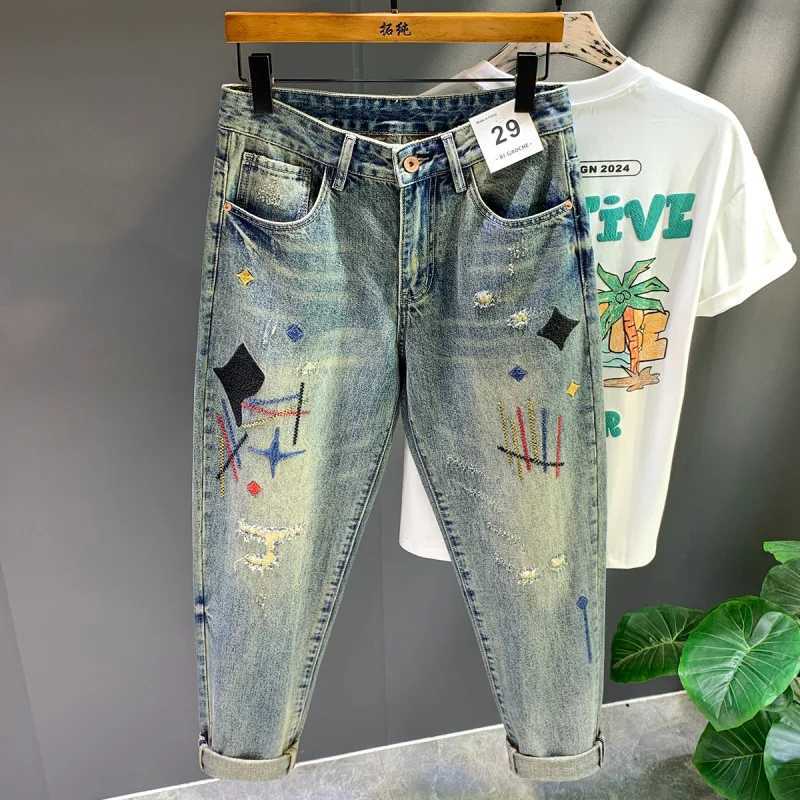 Washed and Scratched Cowboy Handsome and Trendy Sticky Fabric High-end Embroidered Printed Loose Straight Tube Long Pants X250812