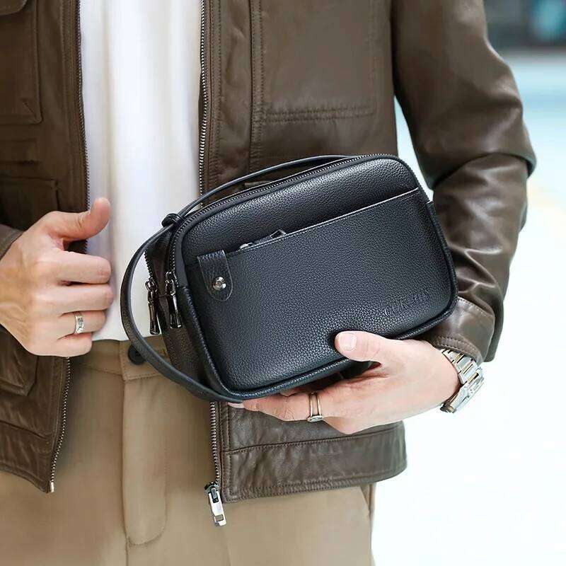High quality cowhide leather solid color men's handbag large capacity wallet card designer bag clutch my orders