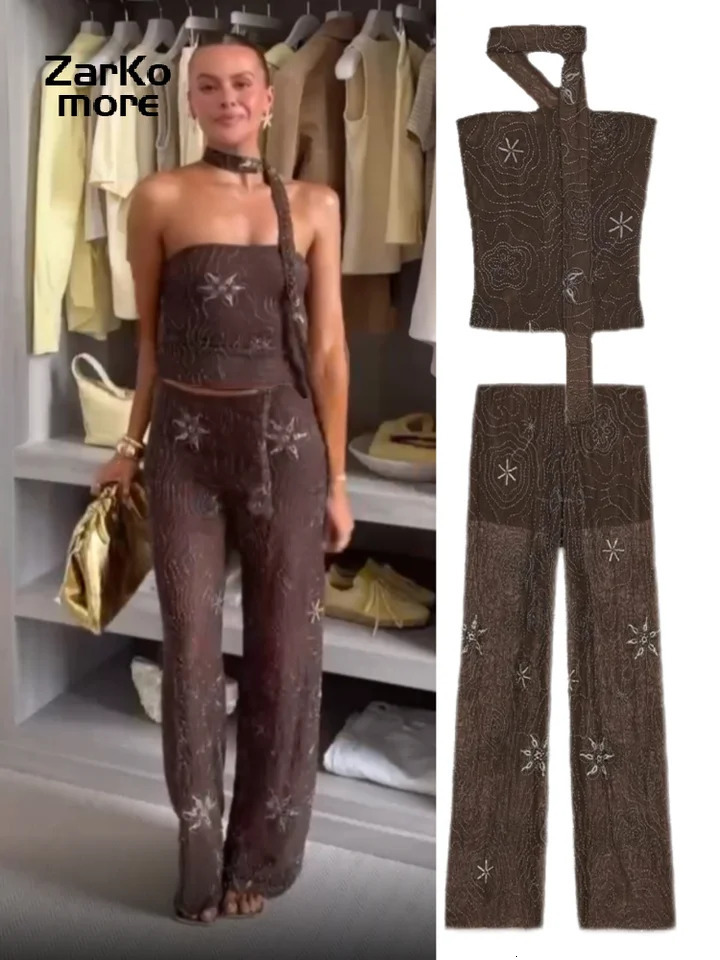 Sexy Beaded Strapless Vest Pants Sets Women Slim Backless Cropped Top Straight Trousers 2025 Summer Autumn Lady Outfits 250811