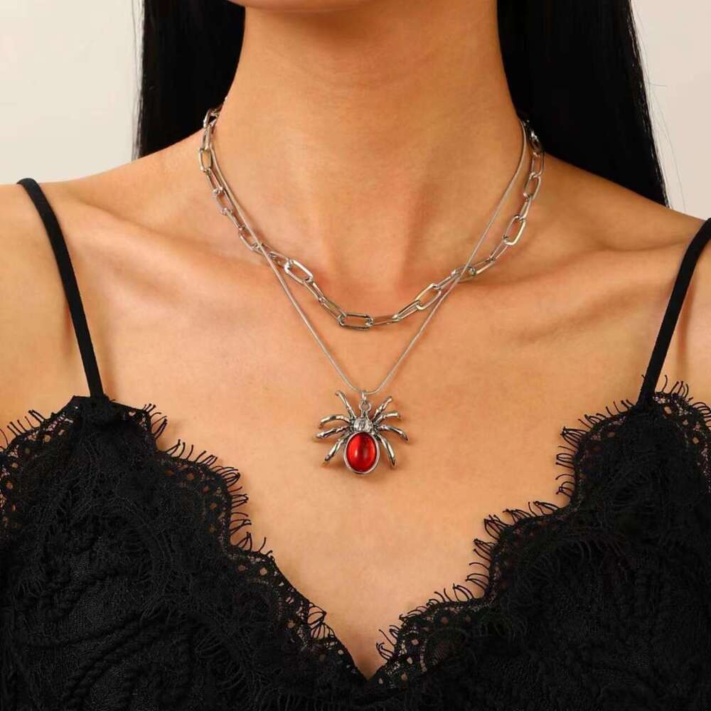 Gothic Dark Punk Exaggerated Halloween Rhinestone Spider Necklace Bracelet Ring Set for Women and Men