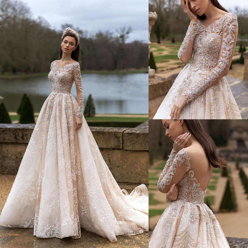 Luxury Scoop A Line Lace Wedding Dresses Delicate Appliques Long Sleeve Bride Dress Chapel Train Wedding Gowns Plus Size Custom Made Vestidos De Novia