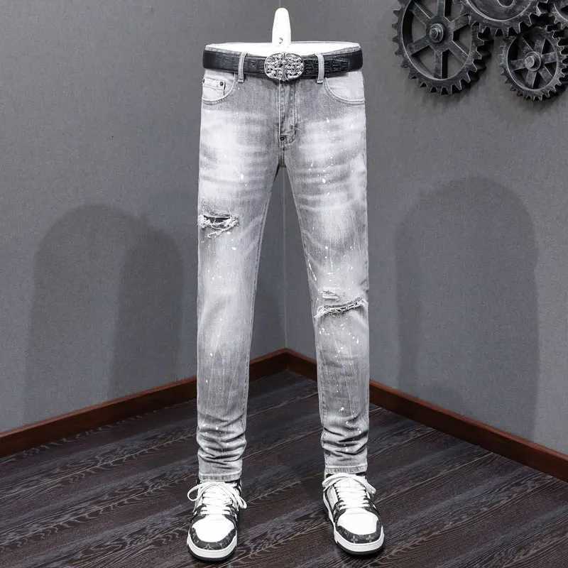 High Street Fashion Mens Split Jeans Vintage Water White Gray Elastic Tight Vintage Jeans Mens Colored Designer Hip Hop Brand X250812