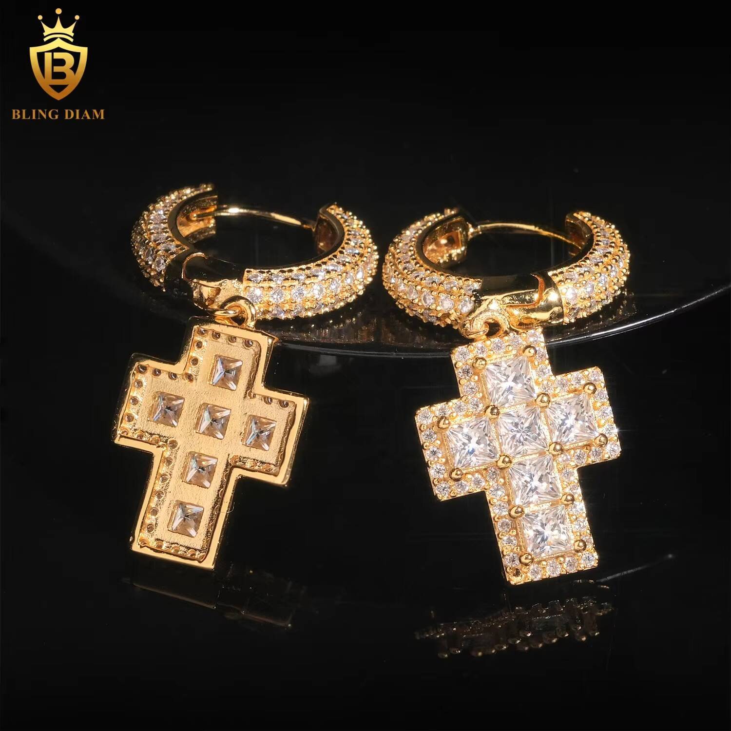 Fine Jewelry Luxury 925 Sterling Silver VVS Moissanite Hip Hop Custom Cross Earrings