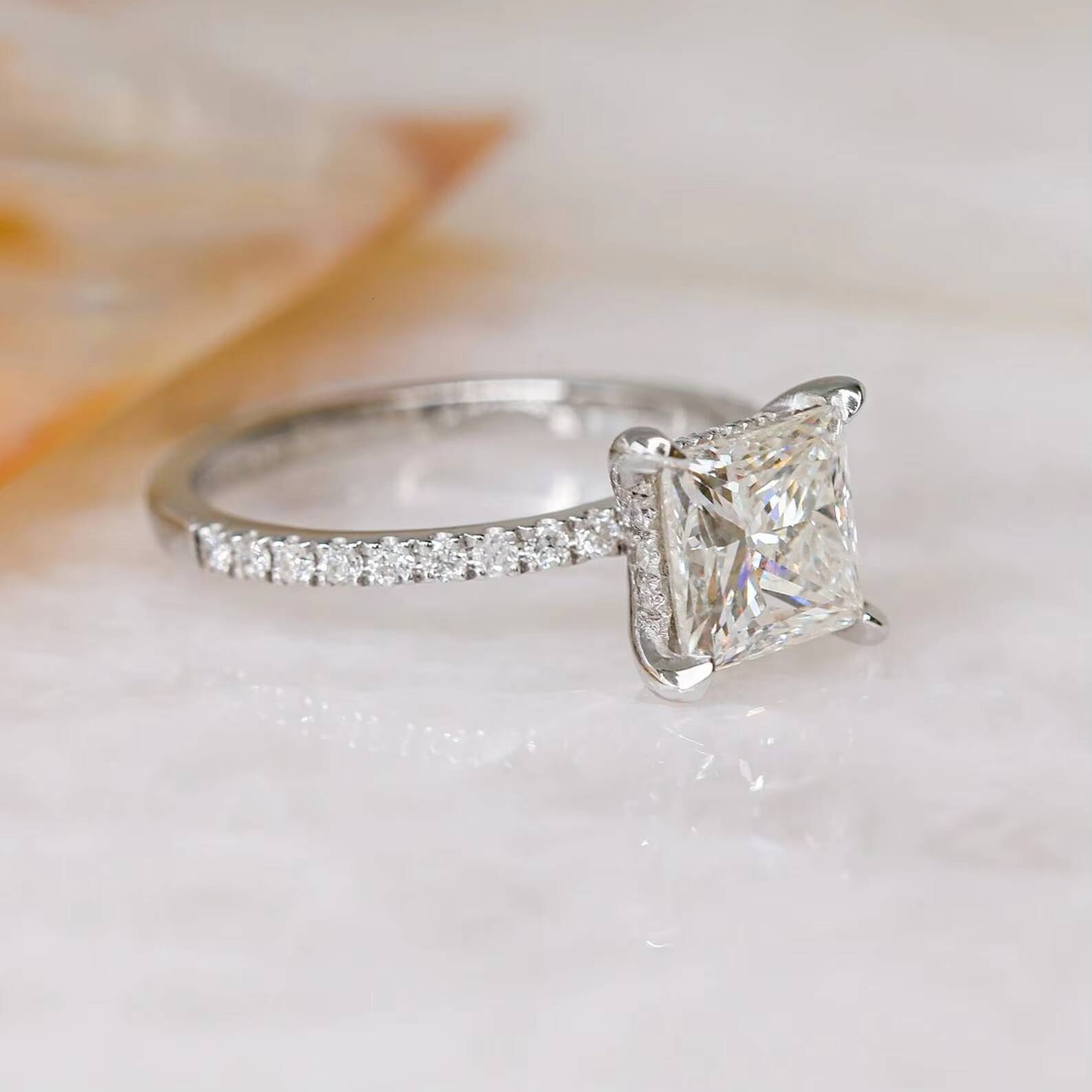 Romantic Iced 10K Solid White Gold Four-Prong Designer Ring Hidden Halo Moissanite Half Eternity Promise for Engagement Party