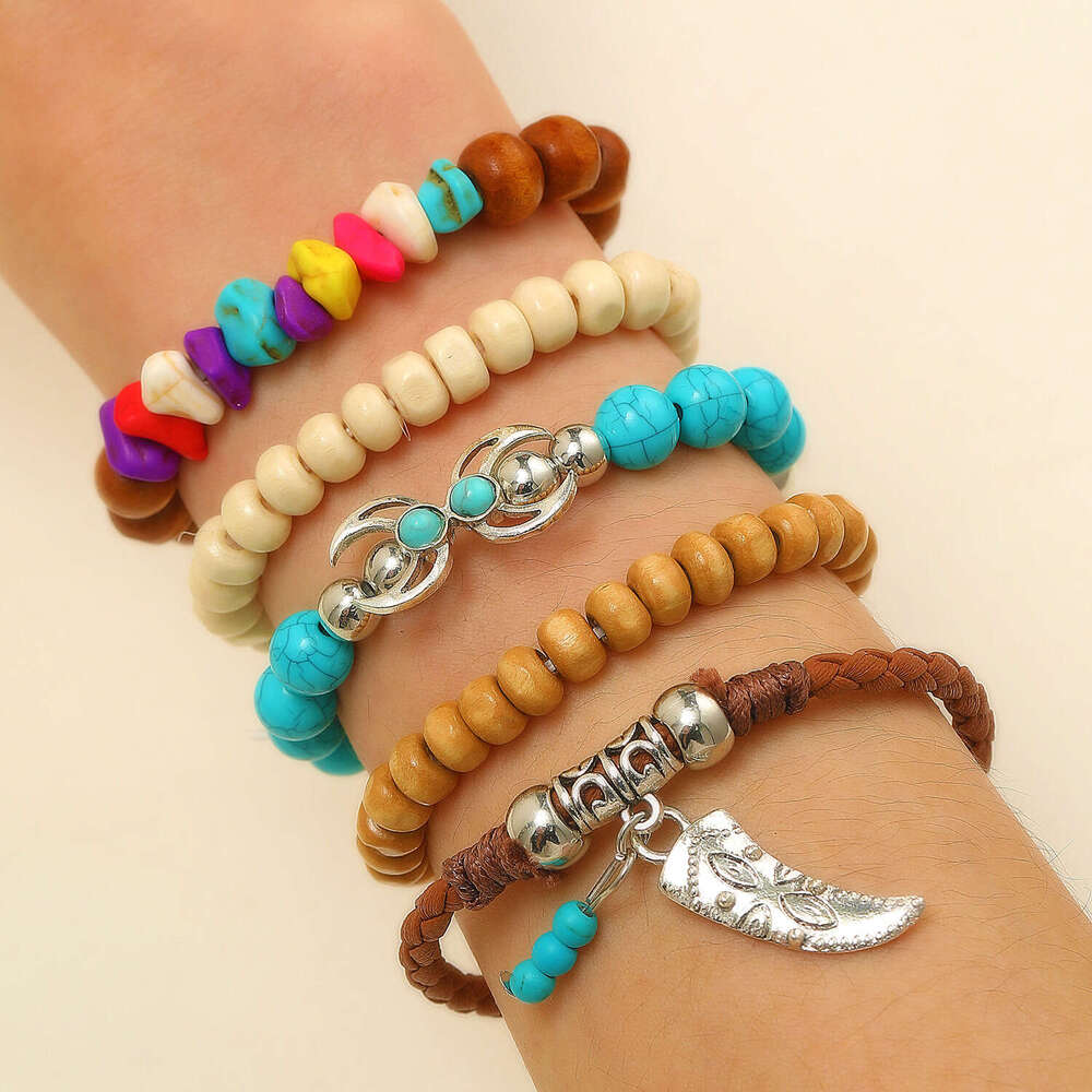 TEMU Bohemian Style Turquoise Wooden Bead Alloy Elastic Cord Men's Bracelet Women's Wristband