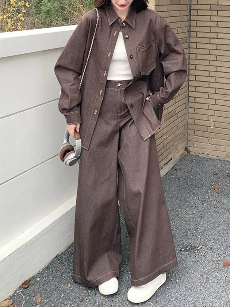 KWTX Brown Long Sleeve Denim Jacket Pants 2 Piece Set Women 2025 Spring Summer Oversized Casual Streetwear Outfit 250808