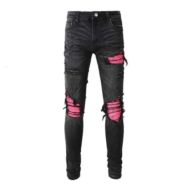 Men Cracked Leather Patch Biker Jeans Streetwear Pleated Patchwork Holes Ripped Stretch Denim Pants Skinny Tapered Trousers X250812