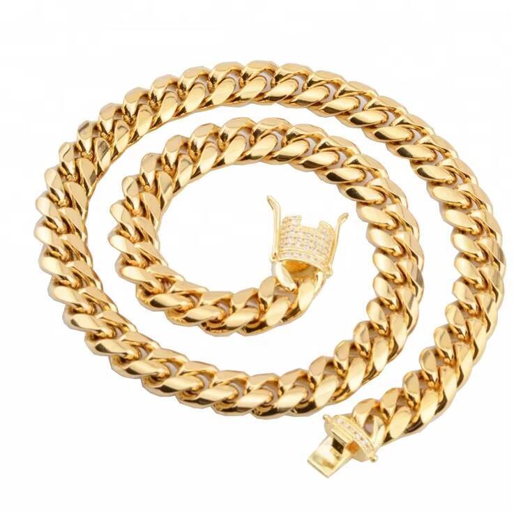 Hip Hop Stainless Steel Mens Jewelry Moissanite Clasp 18k Gold Plated Miami Cuban Link Chain Necklace