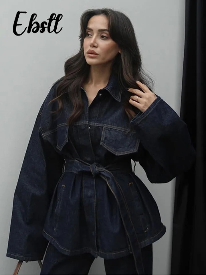 Vintage Belt Denim Jacket Jeans Set Women Solid Lapel Lace Up Buttons Coats High Waist Straight Pants Lady Chic Outfits 250806