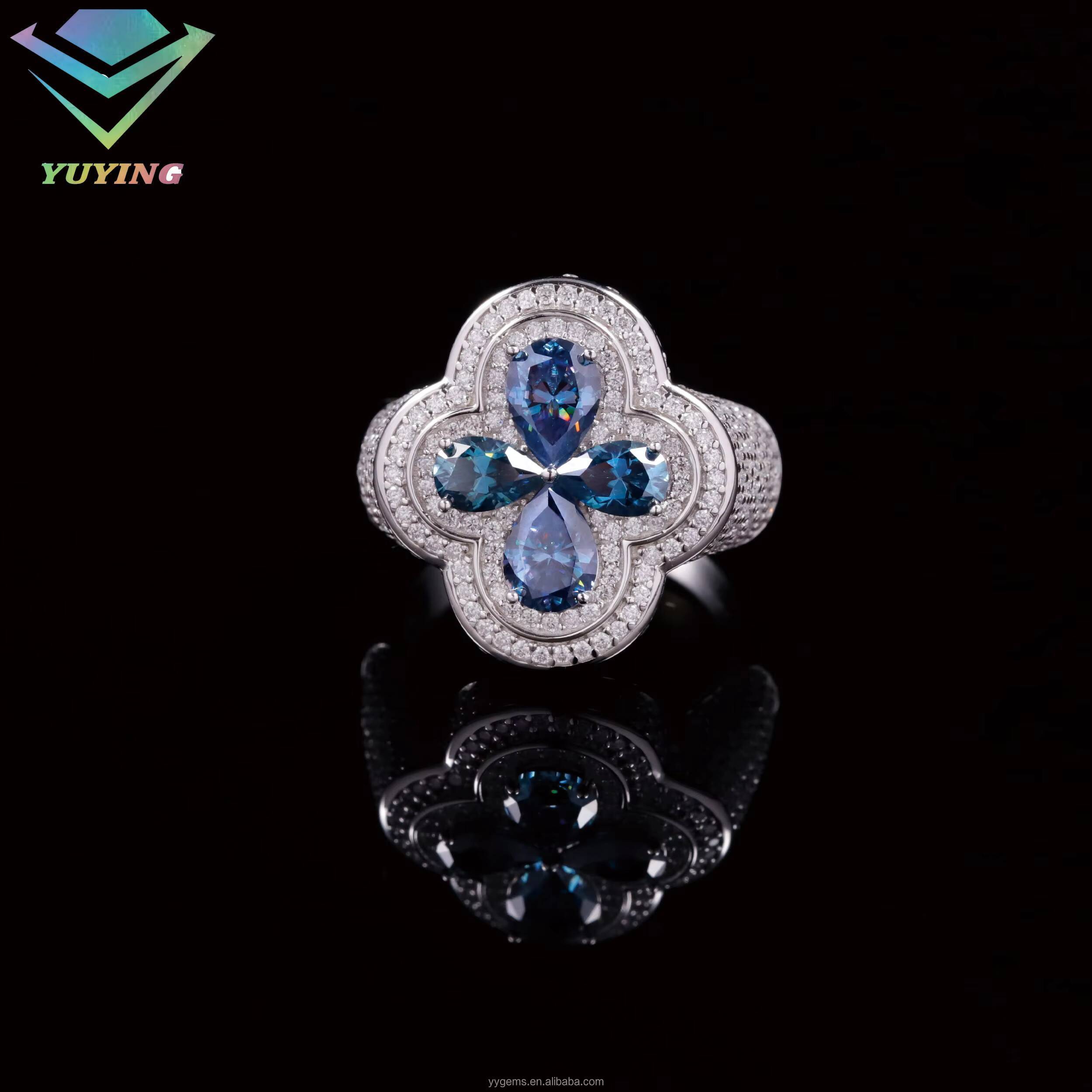 Deep Blue Color Pear Cut Moissanite Diamond 925 Silver Material Clover Shape Cuban Ring