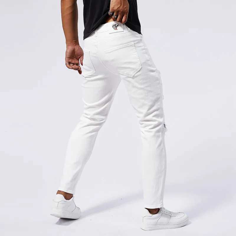 White ripped jeans for men 2024 new summer slim fit jeans for men straight leg casual pants for men stretch denim ripped pants X250812