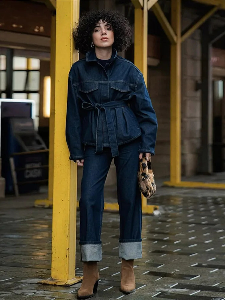 Vintage Belt Denim Jacket Pants Sets Women Lapel Single Breasted Lace Up Coat Straight Trousers 2025 Autumn Loose Lady Outfits 250808