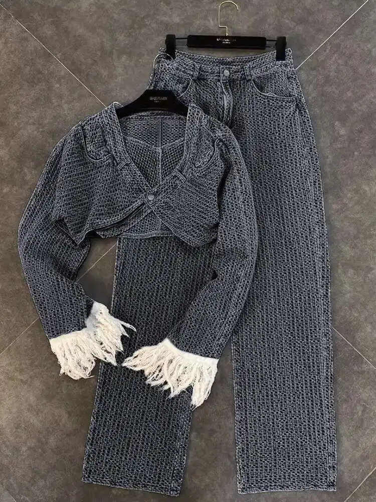 DEAT 2025 Spring Items Long Tassel Sleeve Single Button Denim Short Jacket High Waist Full Jeans Two Piece Set Women MK359 250808